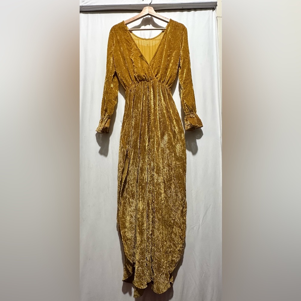 Flynn Skye Gold Wrap Gown with Plunge Neckline
